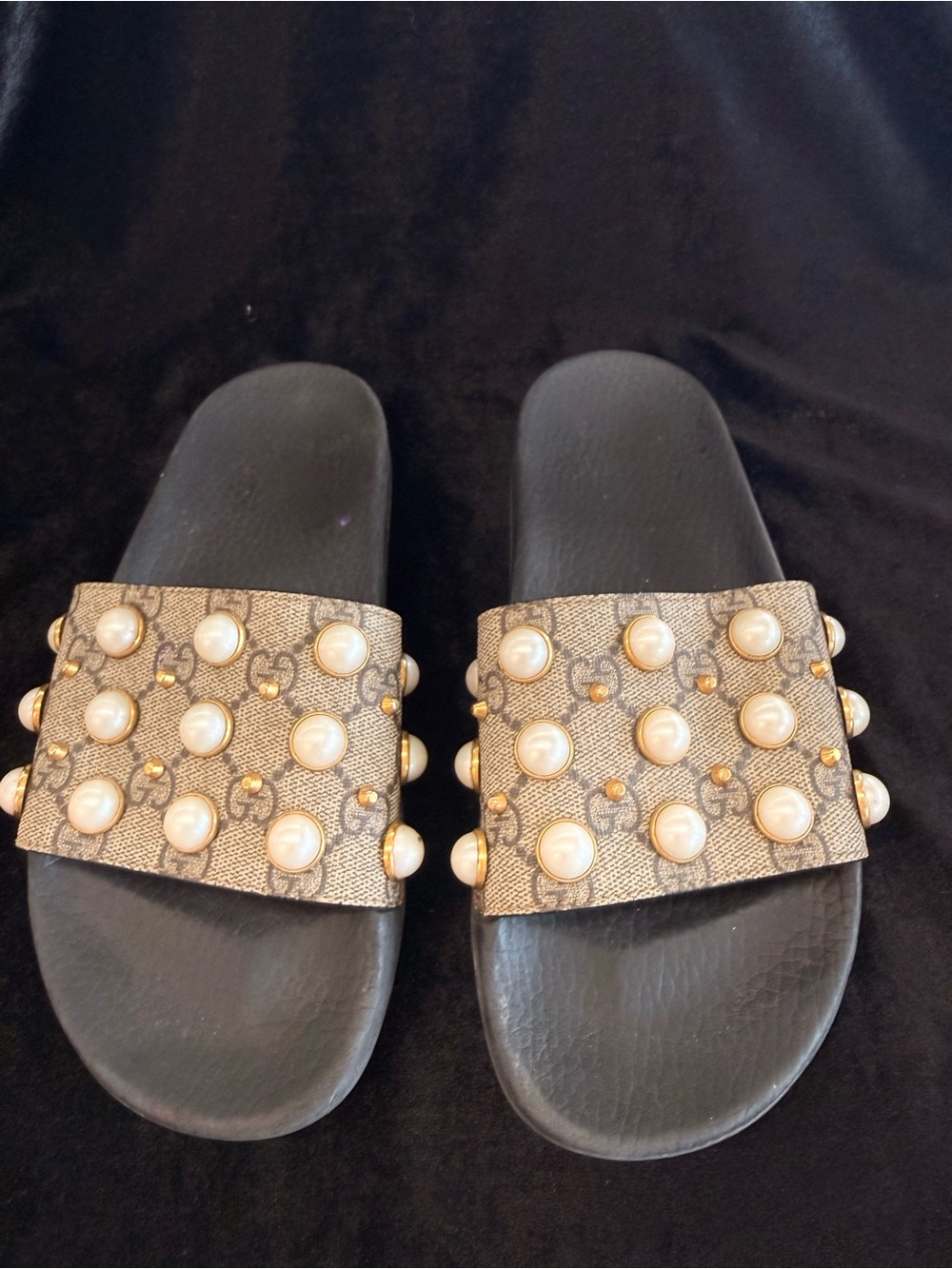 Gucci Black Slides with Pearl and Gold Stud Accents